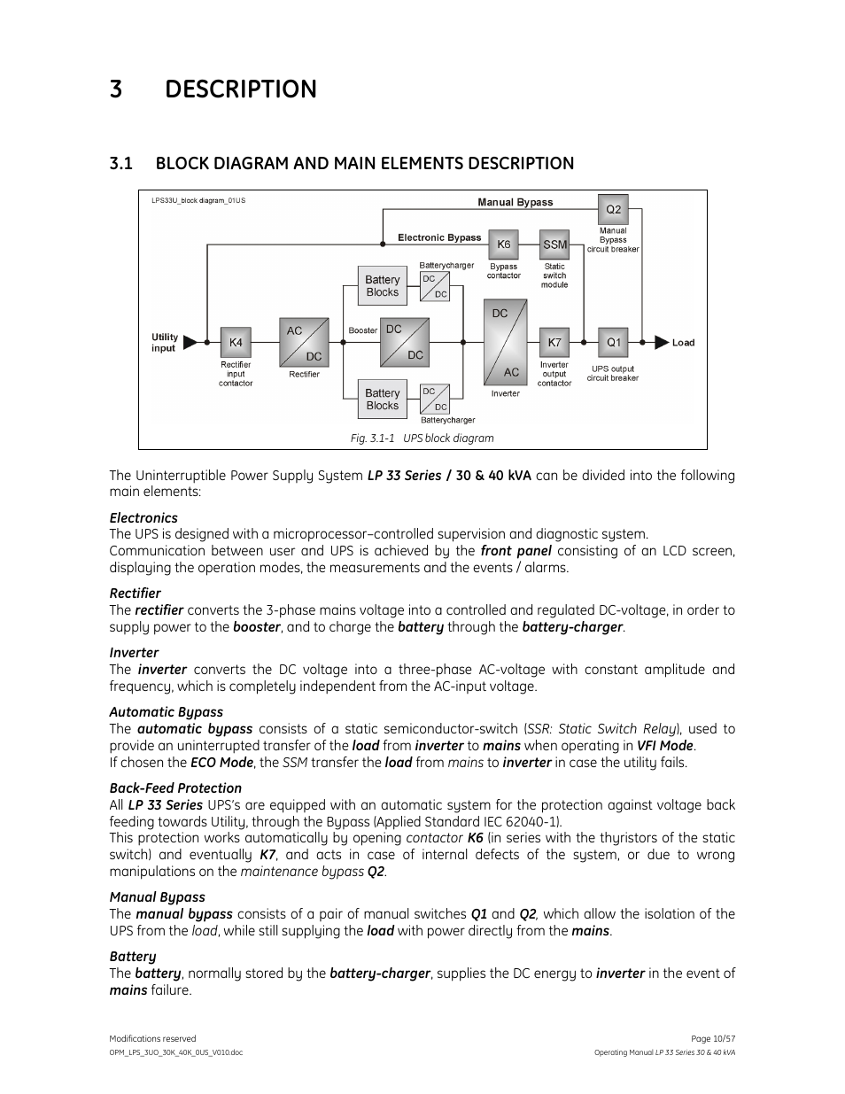 3 description, 1 block diagram and main elements description | GE Industrial Solutions LP 33 Series 30 & 40 kVA Operating Manual User Manual | Page 10 / 57