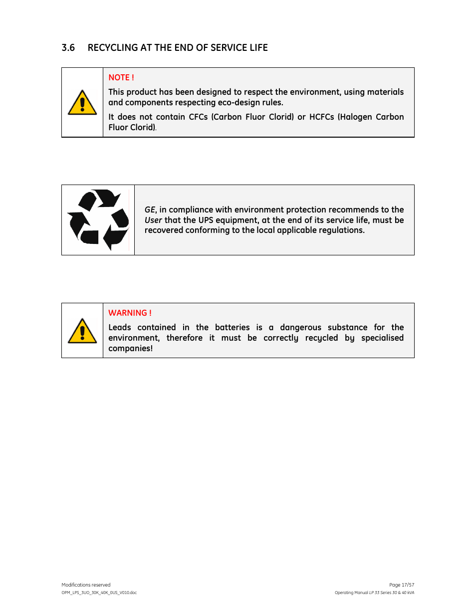 6 recycling at the end of service life | GE Industrial Solutions LP 33 Series 30 & 40 kVA Operating Manual User Manual | Page 17 / 57