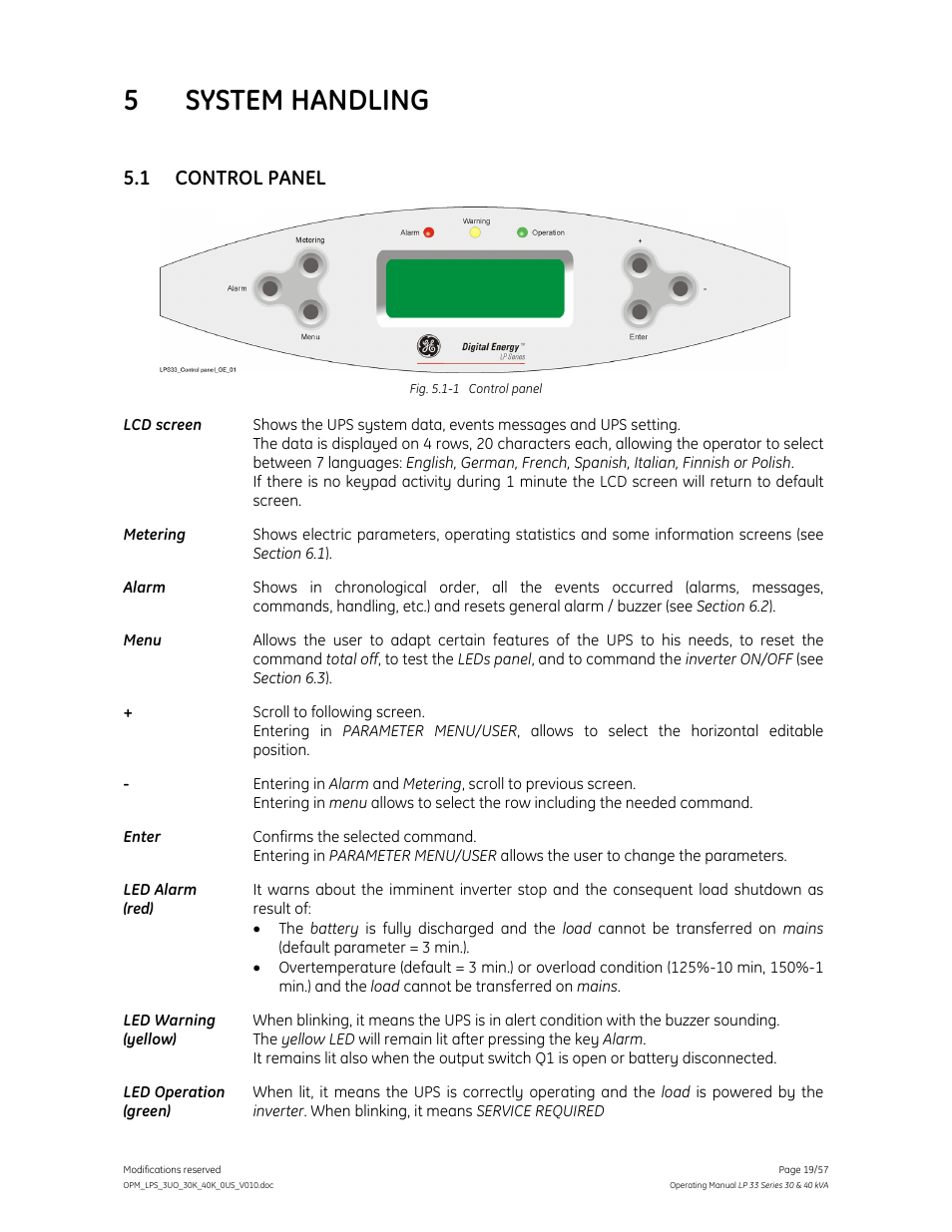 5 system handling, 1 control panel | GE Industrial Solutions LP 33 Series 30 & 40 kVA Operating Manual User Manual | Page 19 / 57