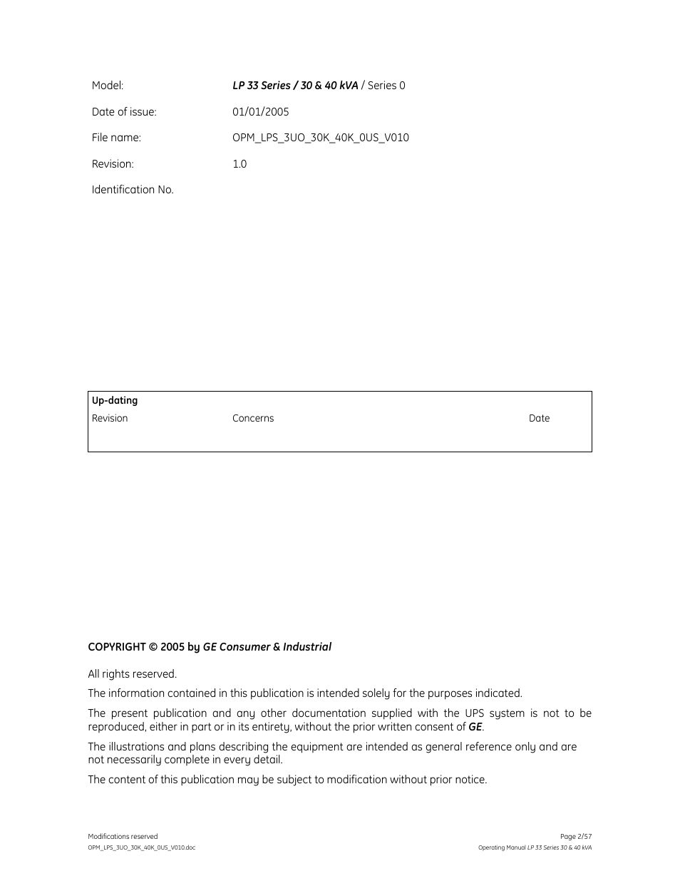 GE Industrial Solutions LP 33 Series 30 & 40 kVA Operating Manual User Manual | Page 2 / 57