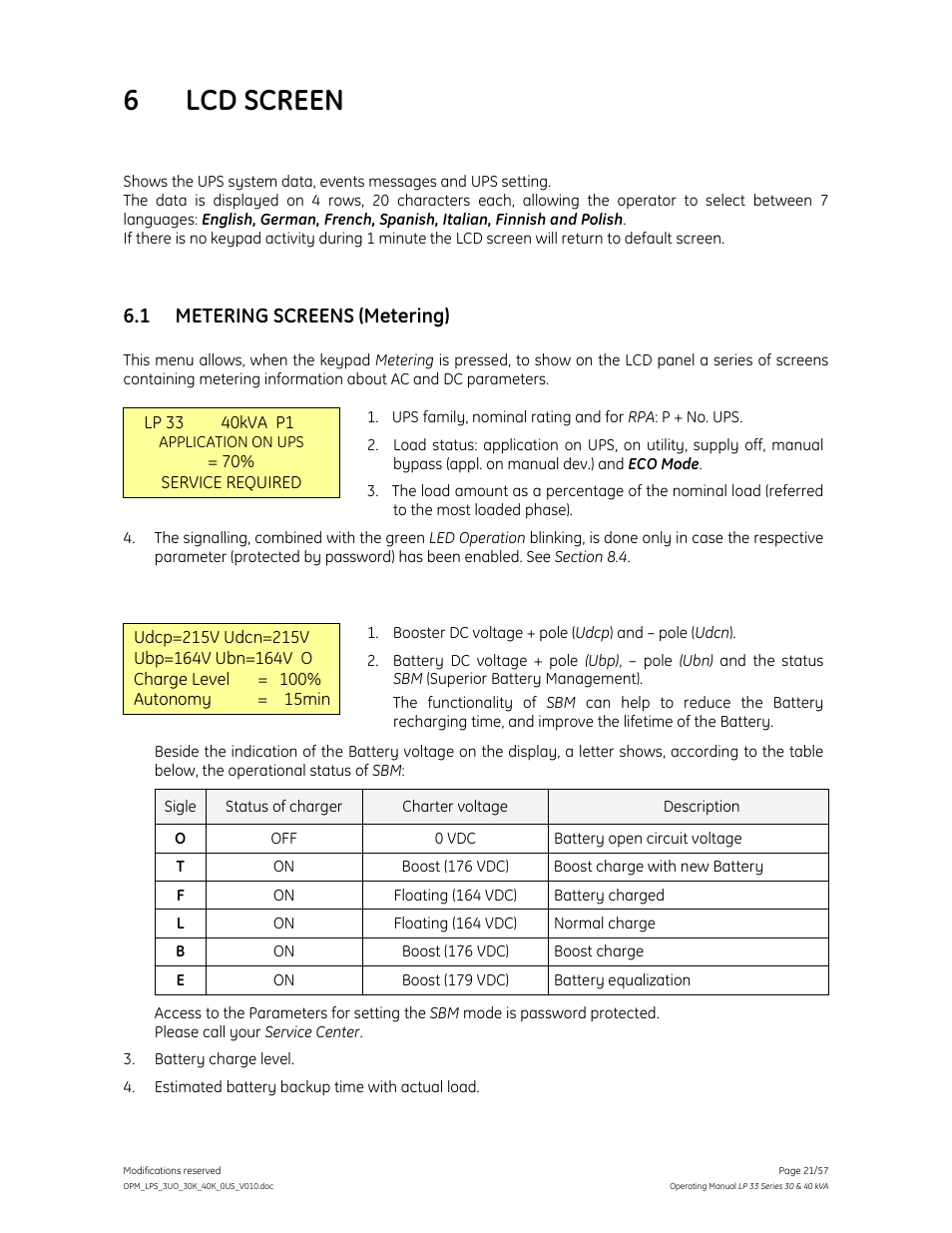 6 lcd screen, 1 metering screens (metering) | GE Industrial Solutions LP 33 Series 30 & 40 kVA Operating Manual User Manual | Page 21 / 57