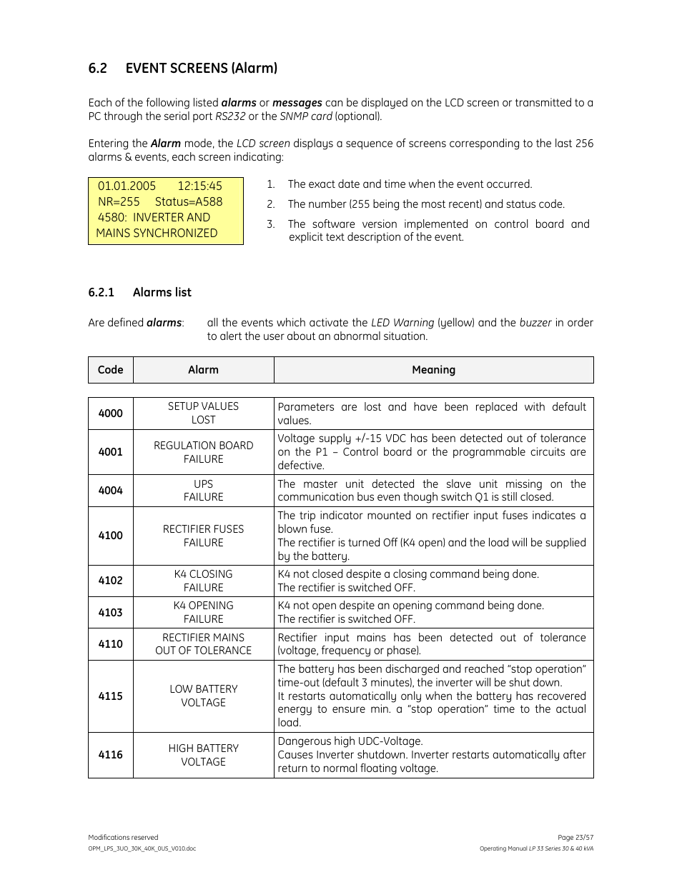 2 event screens (alarm) | GE Industrial Solutions LP 33 Series 30 & 40 kVA Operating Manual User Manual | Page 23 / 57