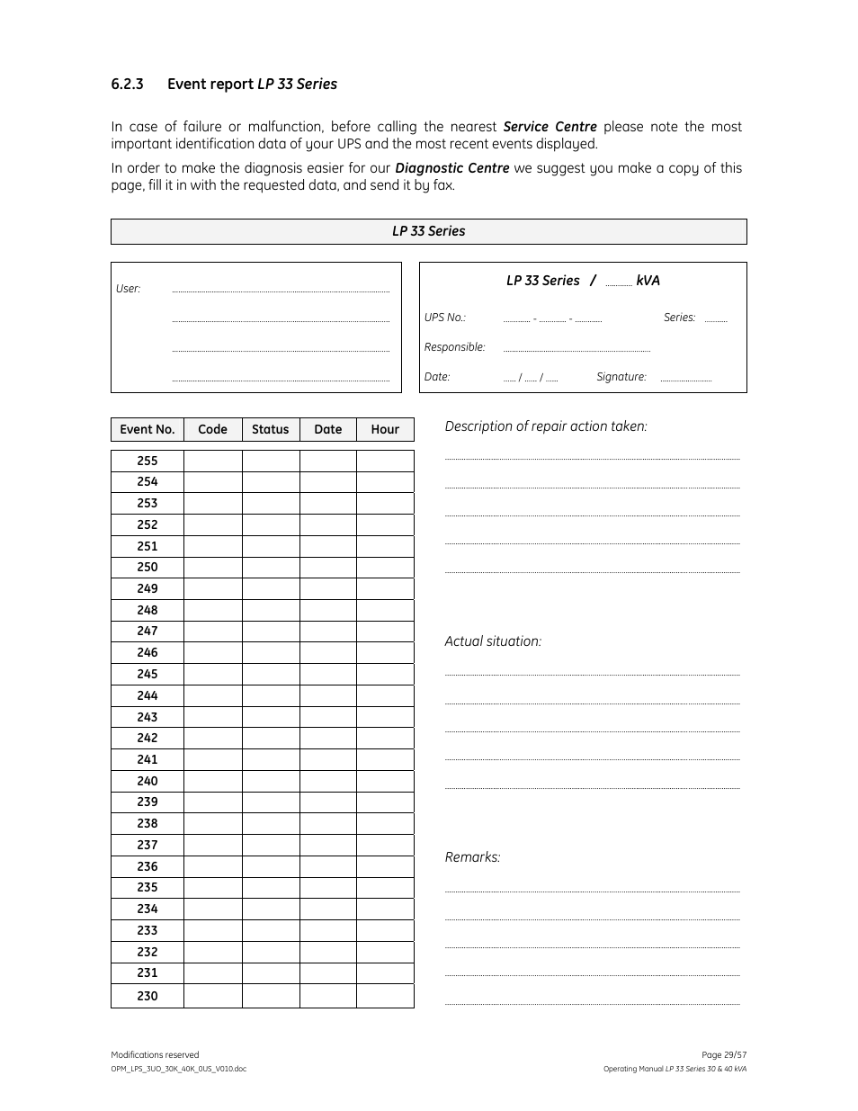 3 event report lp 33 series | GE Industrial Solutions LP 33 Series 30 & 40 kVA Operating Manual User Manual | Page 29 / 57