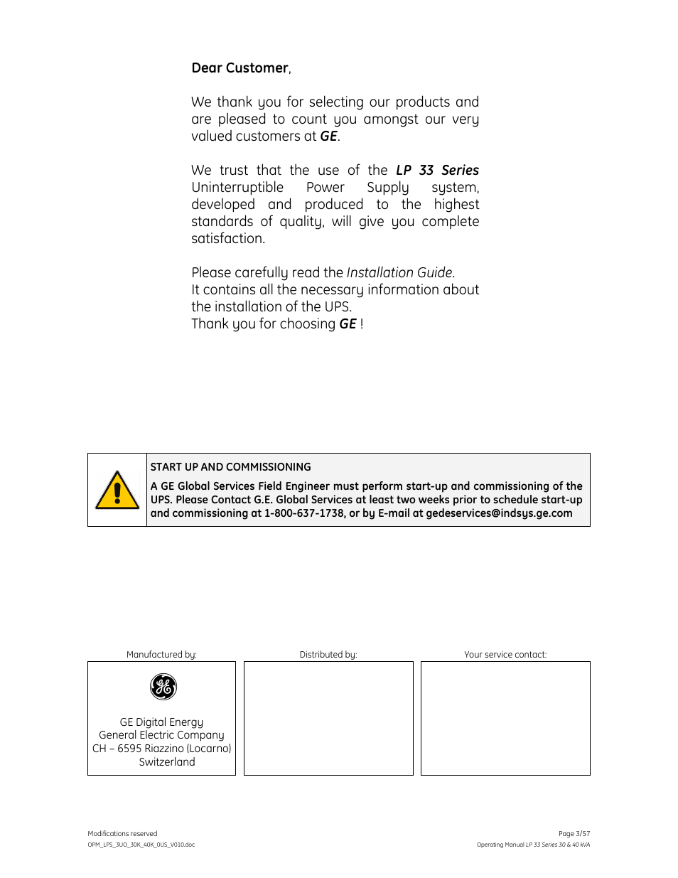 GE Industrial Solutions LP 33 Series 30 & 40 kVA Operating Manual User Manual | Page 3 / 57