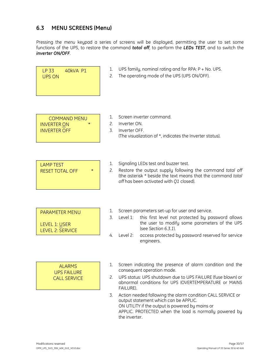3 menu screens (menu) | GE Industrial Solutions LP 33 Series 30 & 40 kVA Operating Manual User Manual | Page 30 / 57