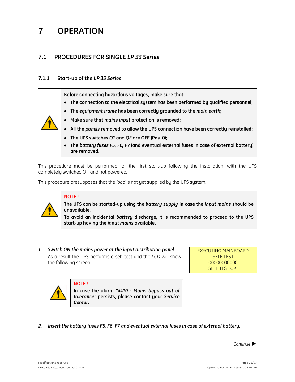 7 operation, 1 procedures for single lp 33 series | GE Industrial Solutions LP 33 Series 30 & 40 kVA Operating Manual User Manual | Page 35 / 57