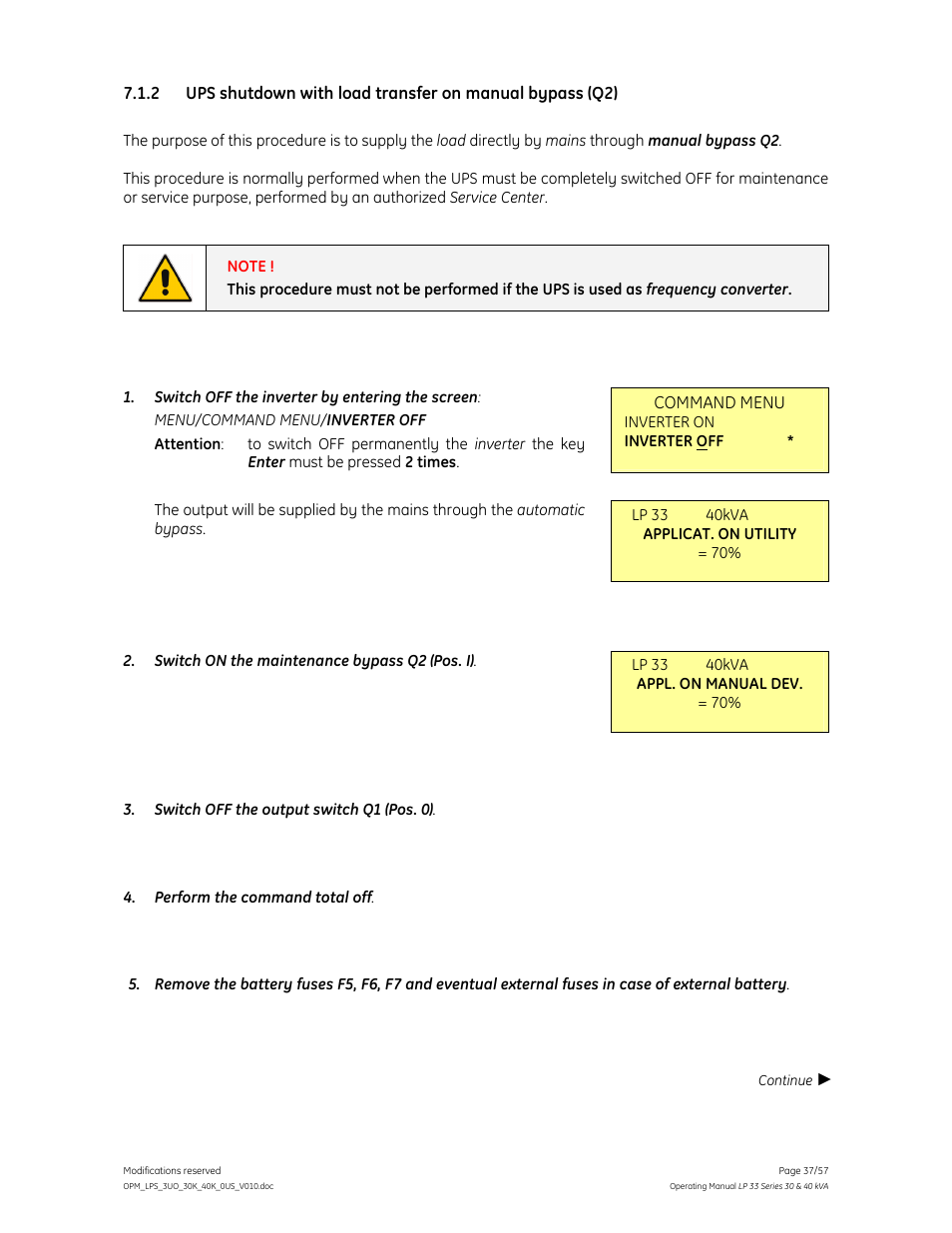 GE Industrial Solutions LP 33 Series 30 & 40 kVA Operating Manual User Manual | Page 37 / 57