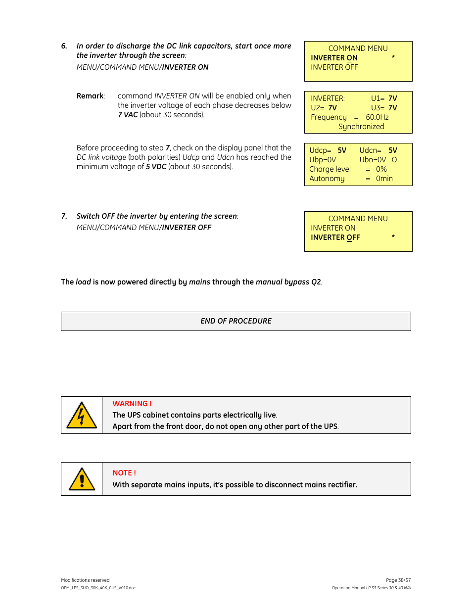 GE Industrial Solutions LP 33 Series 30 & 40 kVA Operating Manual User Manual | Page 38 / 57