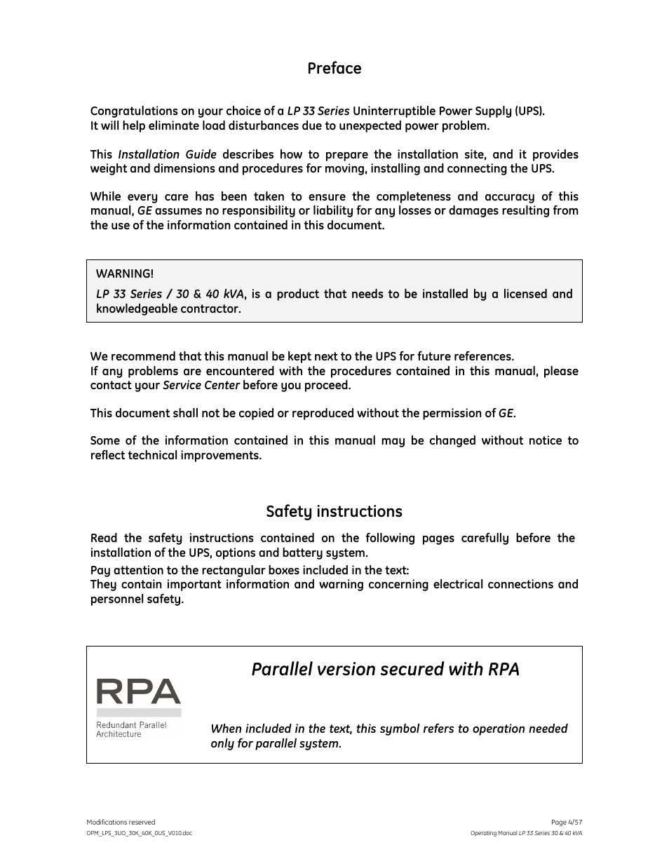 Parallel version secured with rpa, Preface, Safety instructions | GE Industrial Solutions LP 33 Series 30 & 40 kVA Operating Manual User Manual | Page 4 / 57