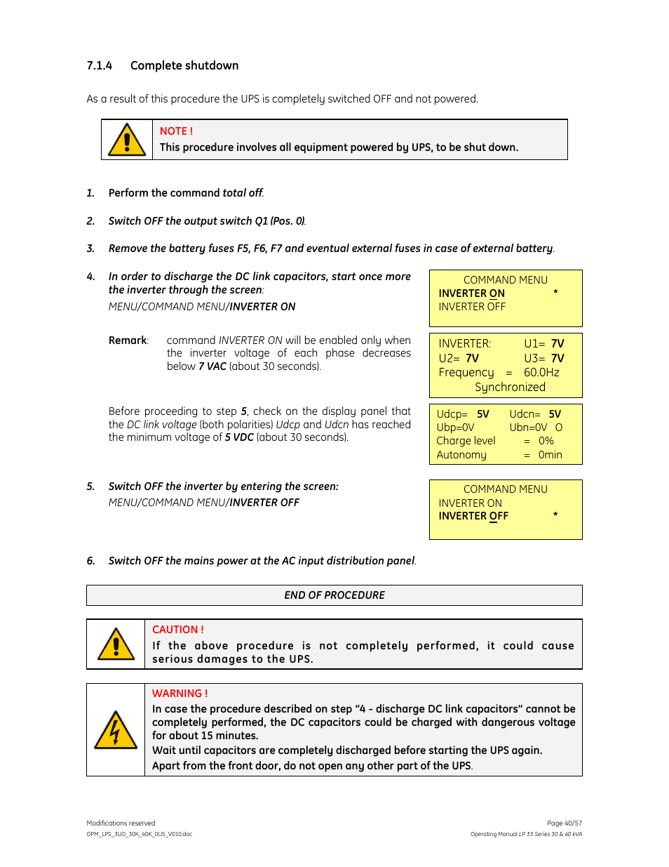 GE Industrial Solutions LP 33 Series 30 & 40 kVA Operating Manual User Manual | Page 40 / 57