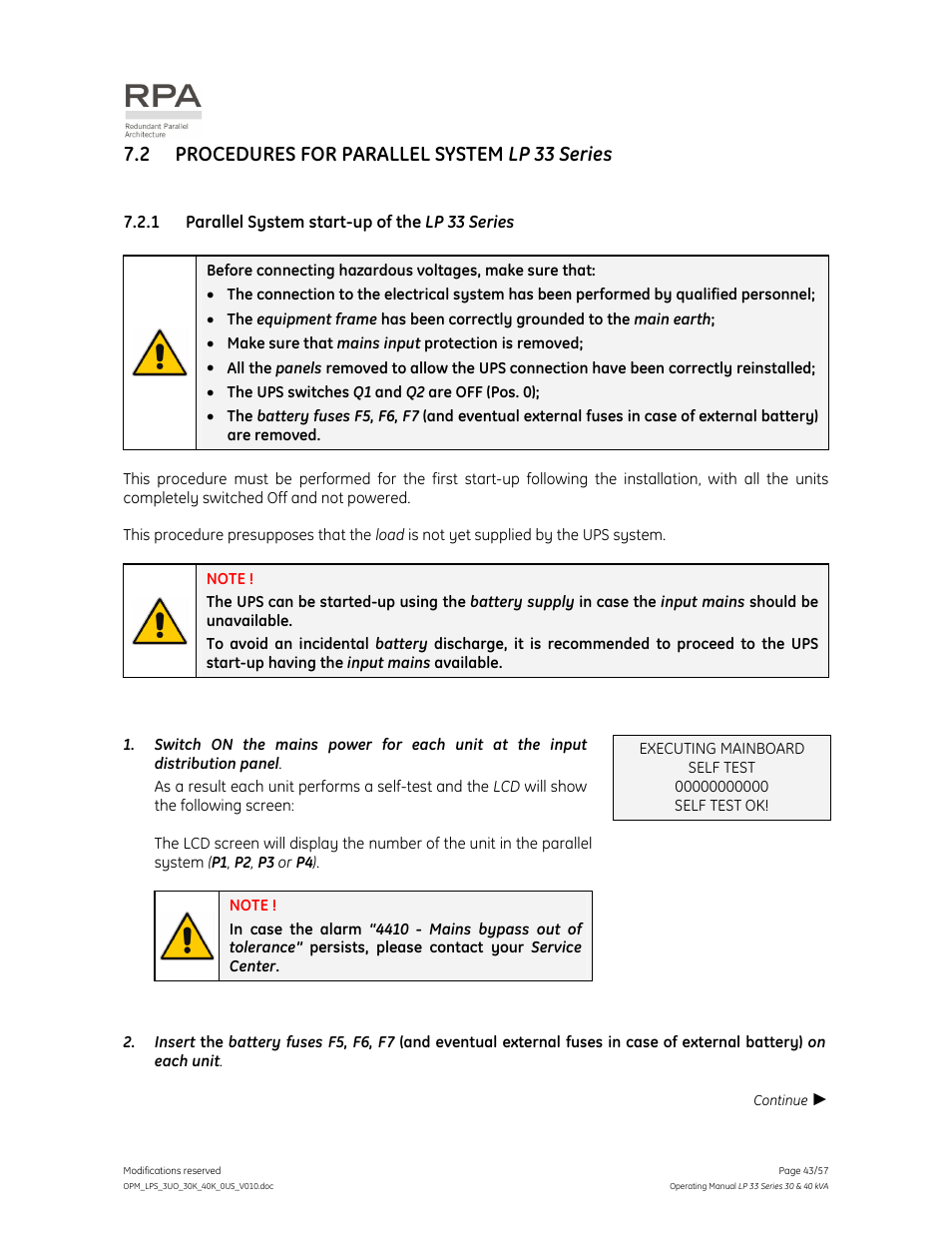 2 procedures for parallel system lp 33 series | GE Industrial Solutions LP 33 Series 30 & 40 kVA Operating Manual User Manual | Page 43 / 57