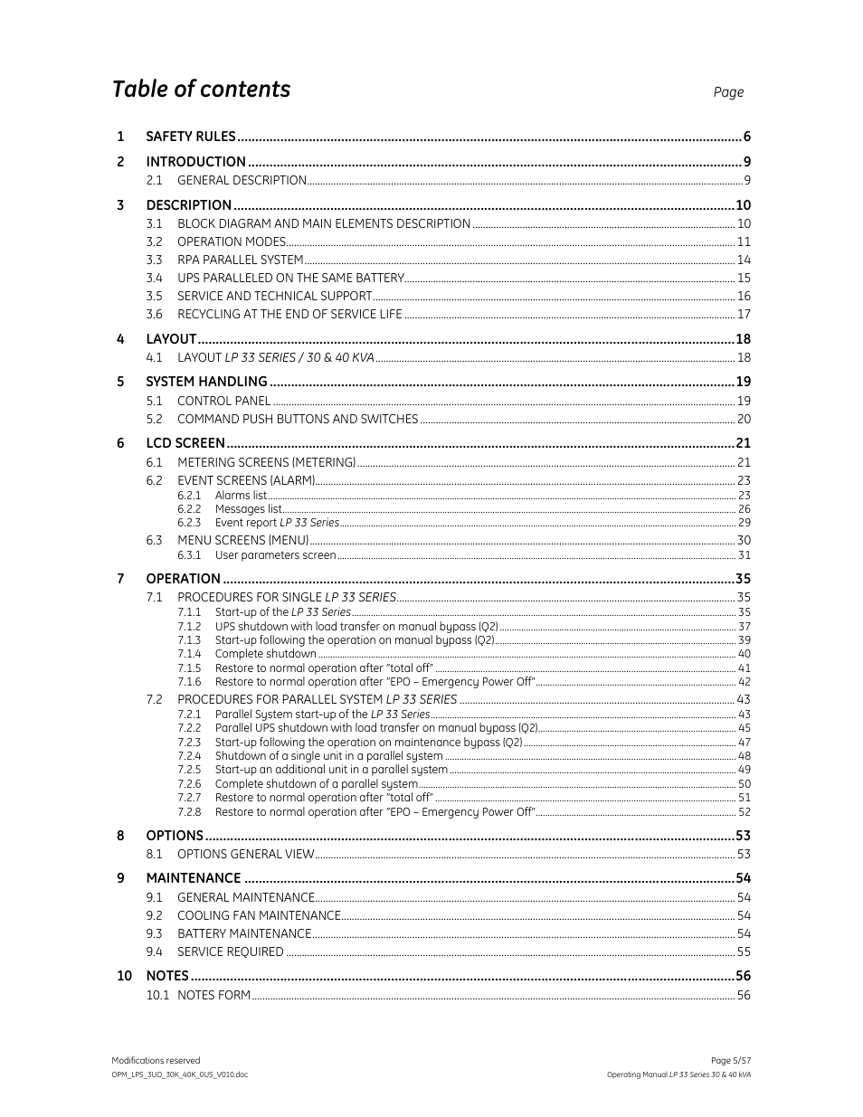 GE Industrial Solutions LP 33 Series 30 & 40 kVA Operating Manual User Manual | Page 5 / 57