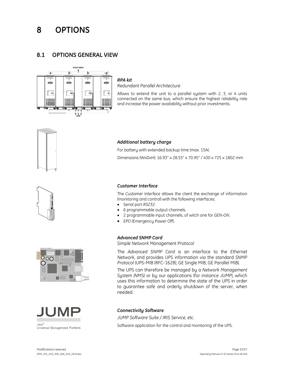 8 options, 1 options general view | GE Industrial Solutions LP 33 Series 30 & 40 kVA Operating Manual User Manual | Page 53 / 57