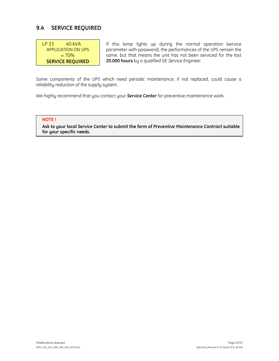 4 service required | GE Industrial Solutions LP 33 Series 30 & 40 kVA Operating Manual User Manual | Page 55 / 57