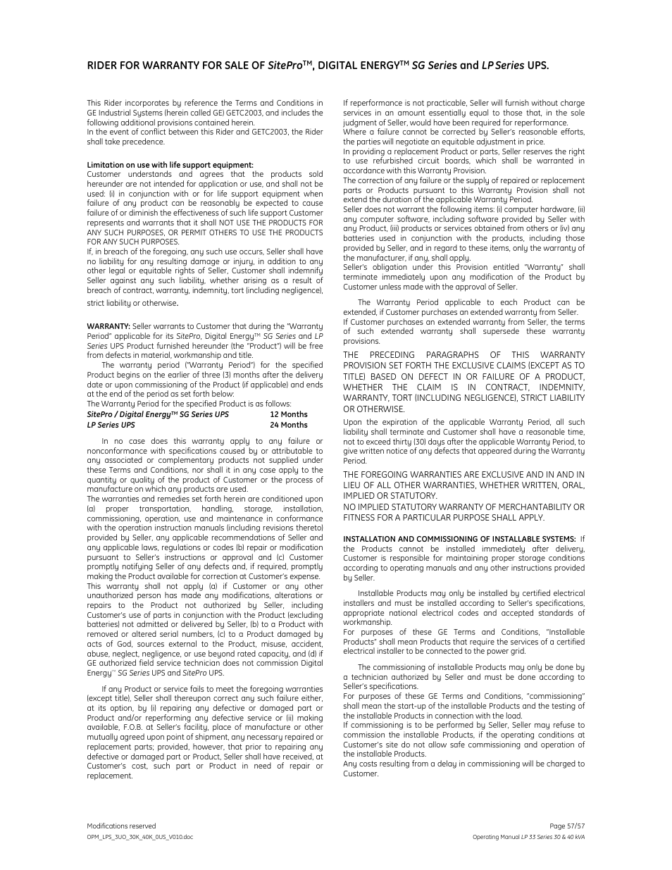 Rider for warranty for sale of sitepro, Digital energy, Sg serie s and lp | Series ups | GE Industrial Solutions LP 33 Series 30 & 40 kVA Operating Manual User Manual | Page 57 / 57