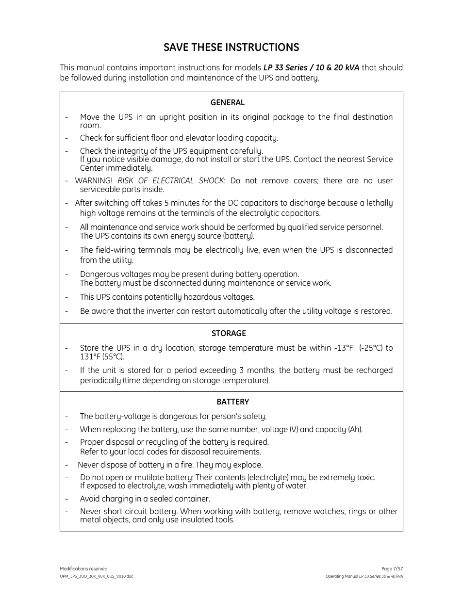 Save these instructions | GE Industrial Solutions LP 33 Series 30 & 40 kVA Operating Manual User Manual | Page 7 / 57