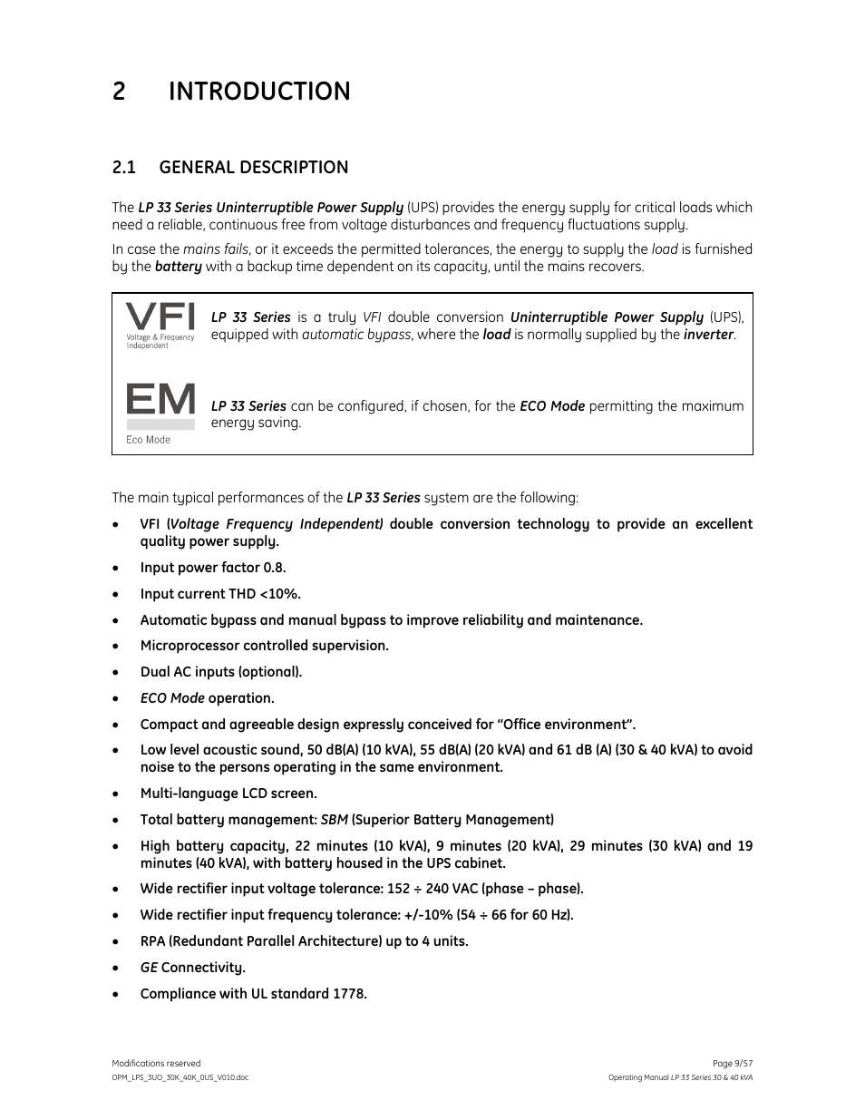 2 introduction, 1 general description | GE Industrial Solutions LP 33 Series 30 & 40 kVA Operating Manual User Manual | Page 9 / 57