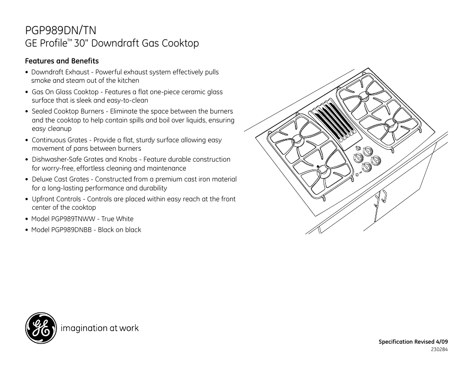 Pgp989dn/tn, Ge profile, 30" downdraft gas cooktop | Pgp989dn_tn_sn | GE PROFILE PGP989DN/TN User Manual | Page 3 / 3