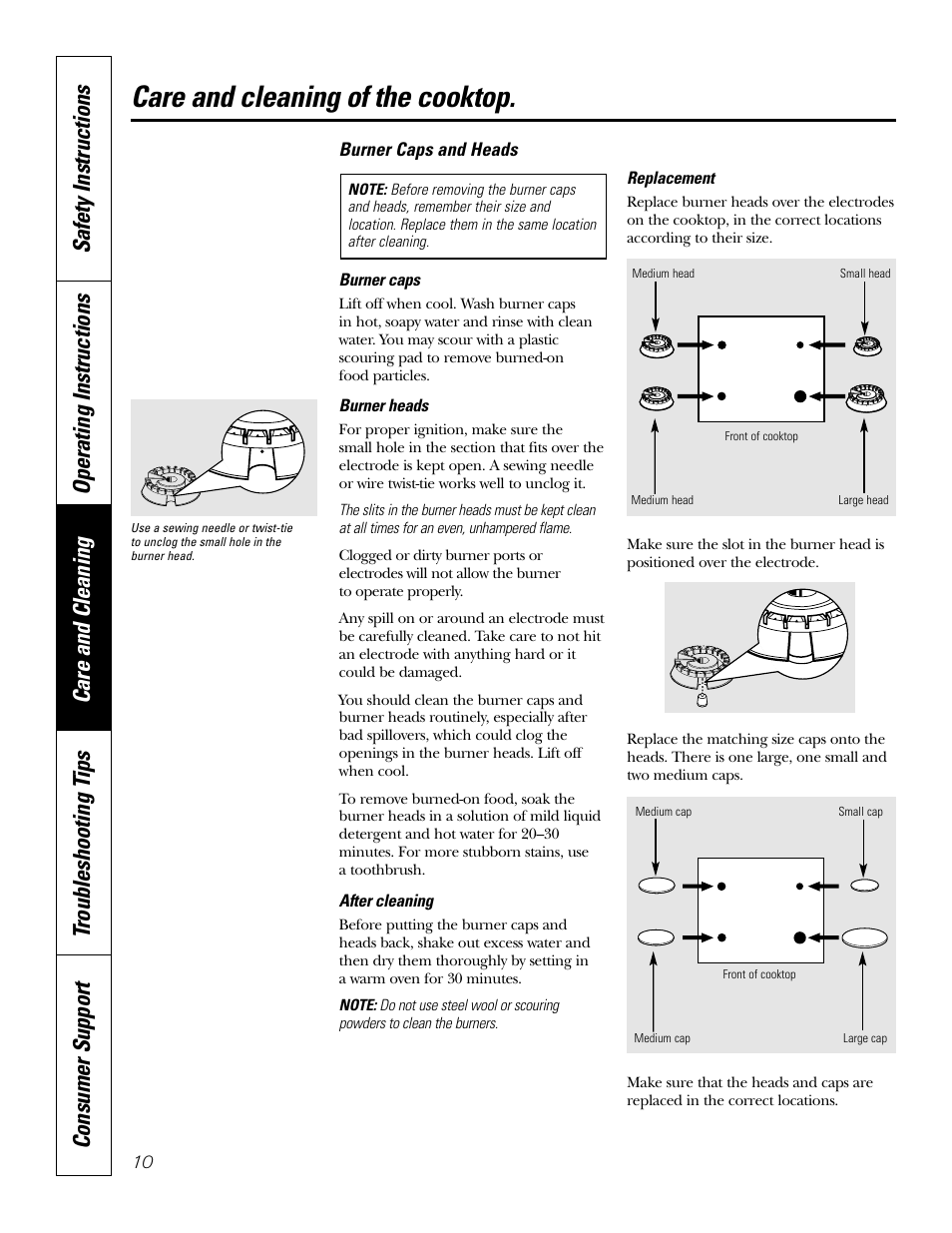 Burner caps and heads, Care and cleaning of the cooktop | GE JGP337 User Manual | Page 10 / 68