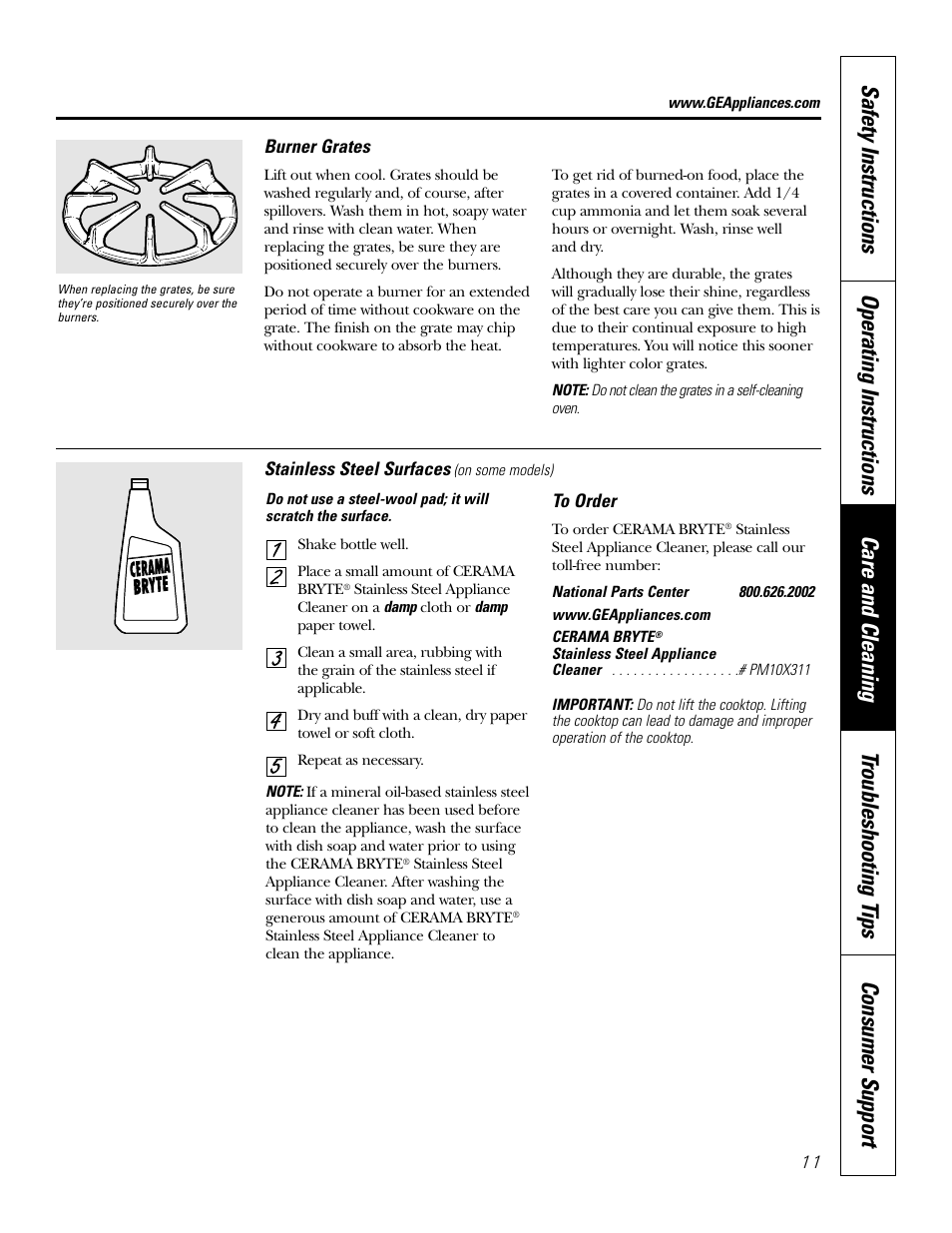 Burner grates, Stainless steel surfaces | GE JGP337 User Manual | Page 11 / 68