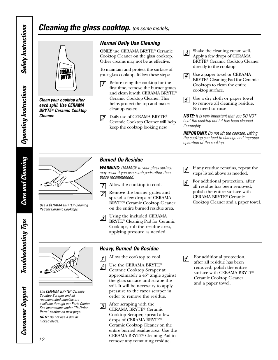 Glass cooktop, Glass cooktop , 13, Cleaning the glass cooktop | GE JGP337 User Manual | Page 12 / 68