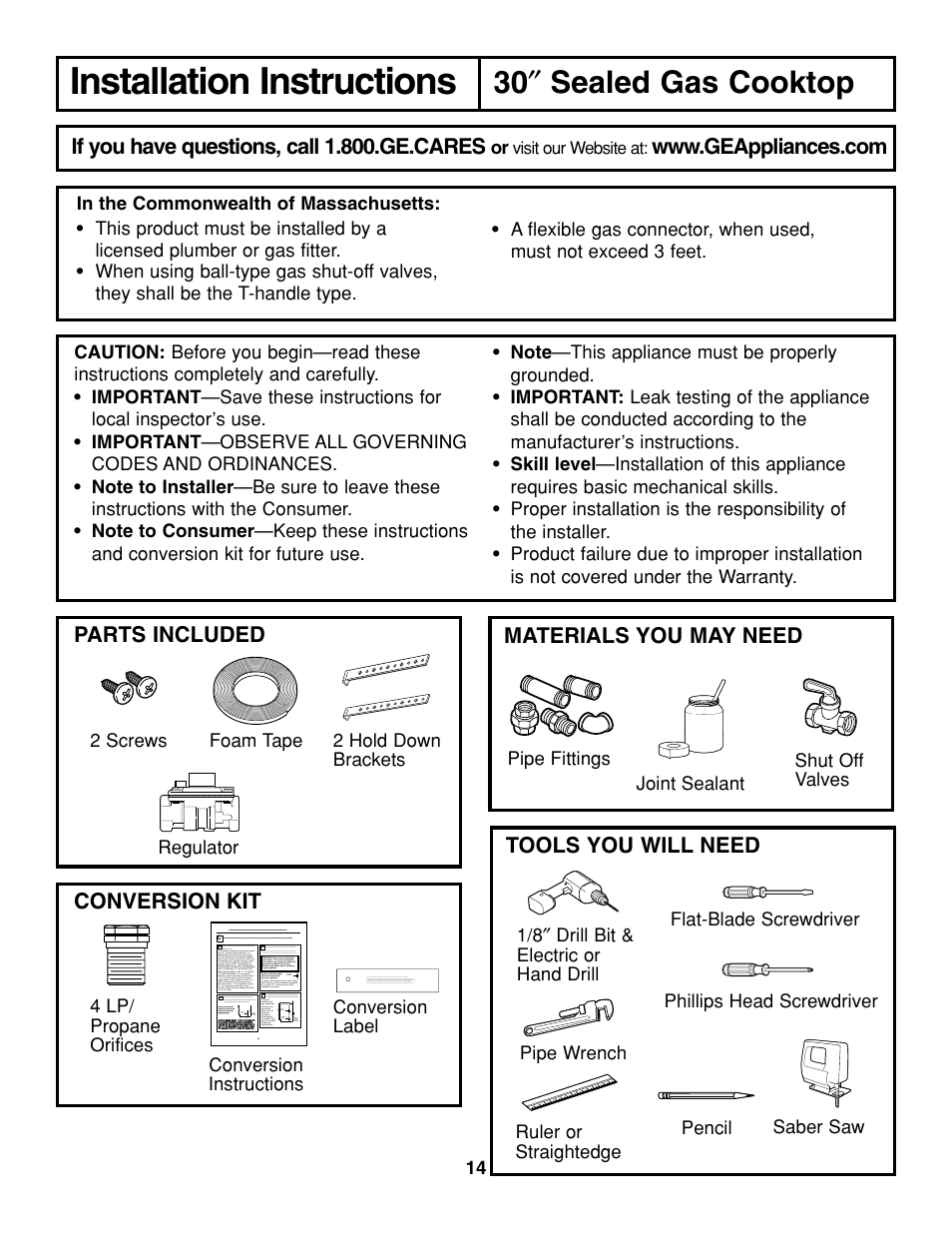 Installation instructions, 30 ″ sealed gas cooktop, Parts included | Materials you may need, If you have questions, call 1.800.ge.cares, Tools you will need | GE JGP337 User Manual | Page 14 / 68