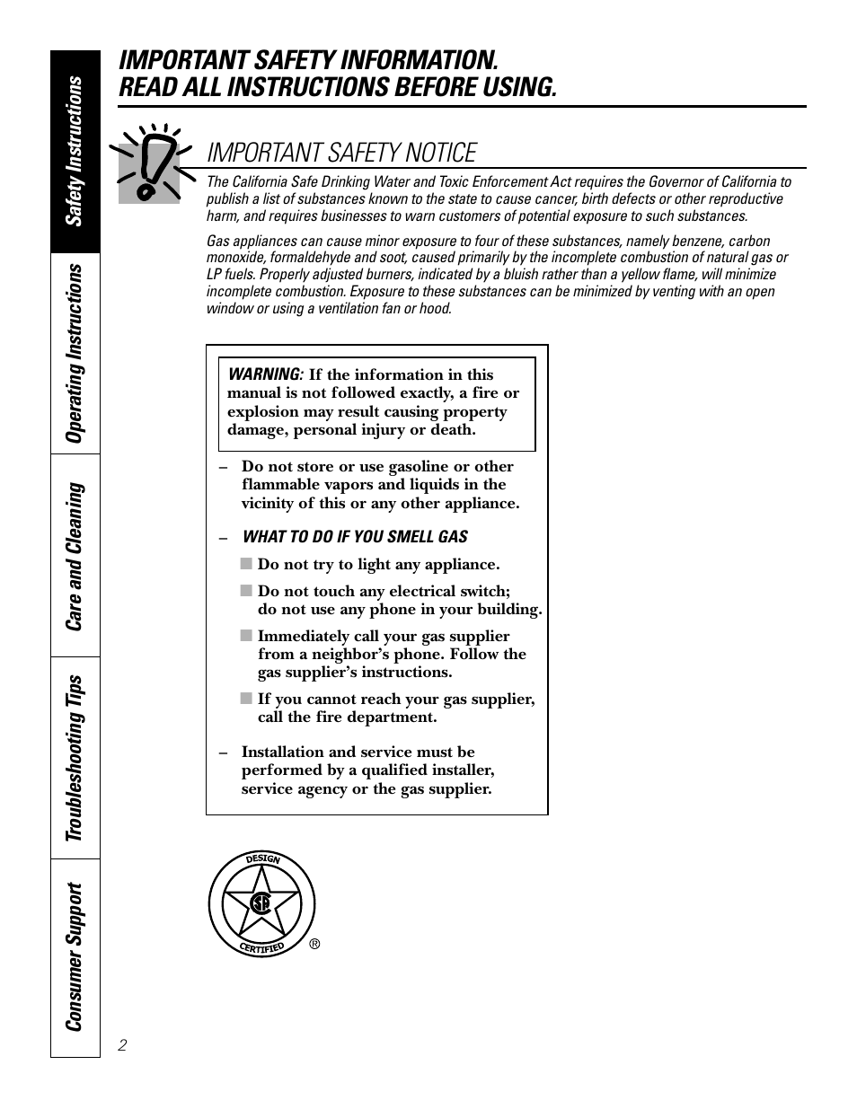 Safety instructions, Important safety notice | GE JGP337 User Manual | Page 2 / 68