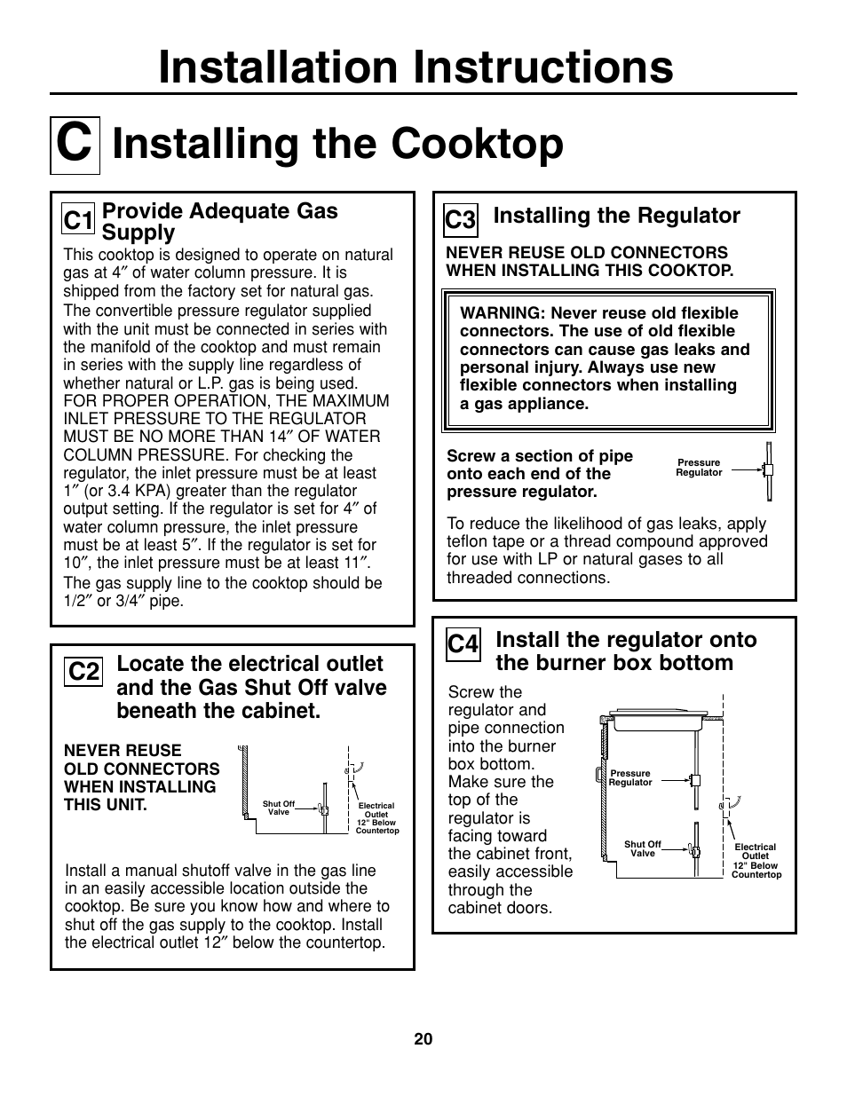 Installation instructions, Installing the cooktop, C1 c3 | Install the regulator onto the burner box bottom | GE JGP337 User Manual | Page 20 / 68