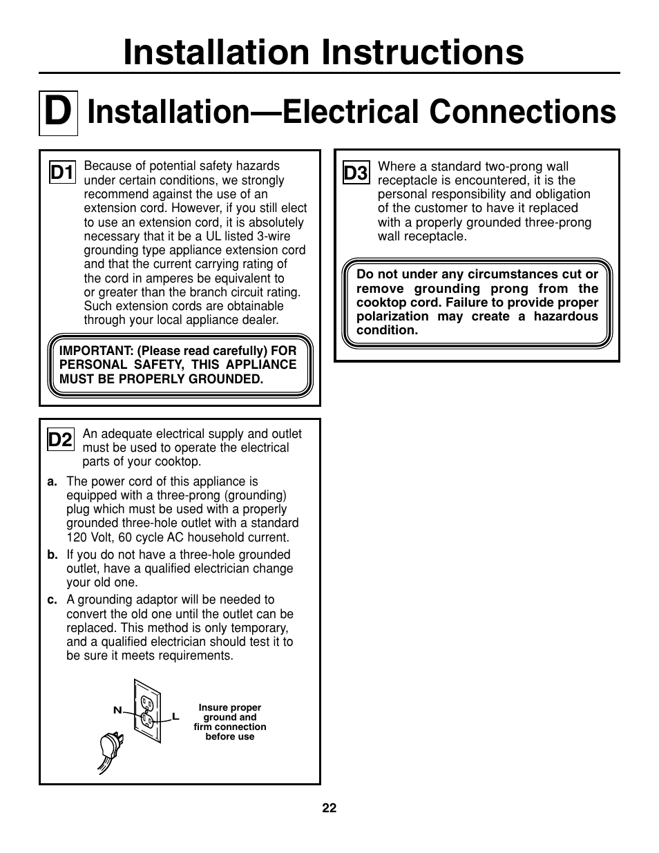 Installation instructions, Installation—electrical connections, D1 d2 | GE JGP337 User Manual | Page 22 / 68