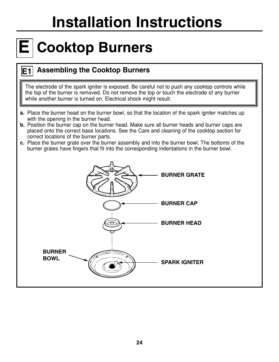 Installation instructions, Cooktop burners | GE JGP337 User Manual | Page 24 / 68