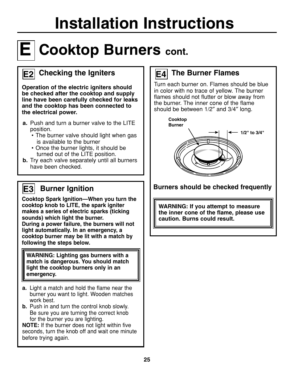 Installation instructions, Cooktop burners, Cont | GE JGP337 User Manual | Page 25 / 68