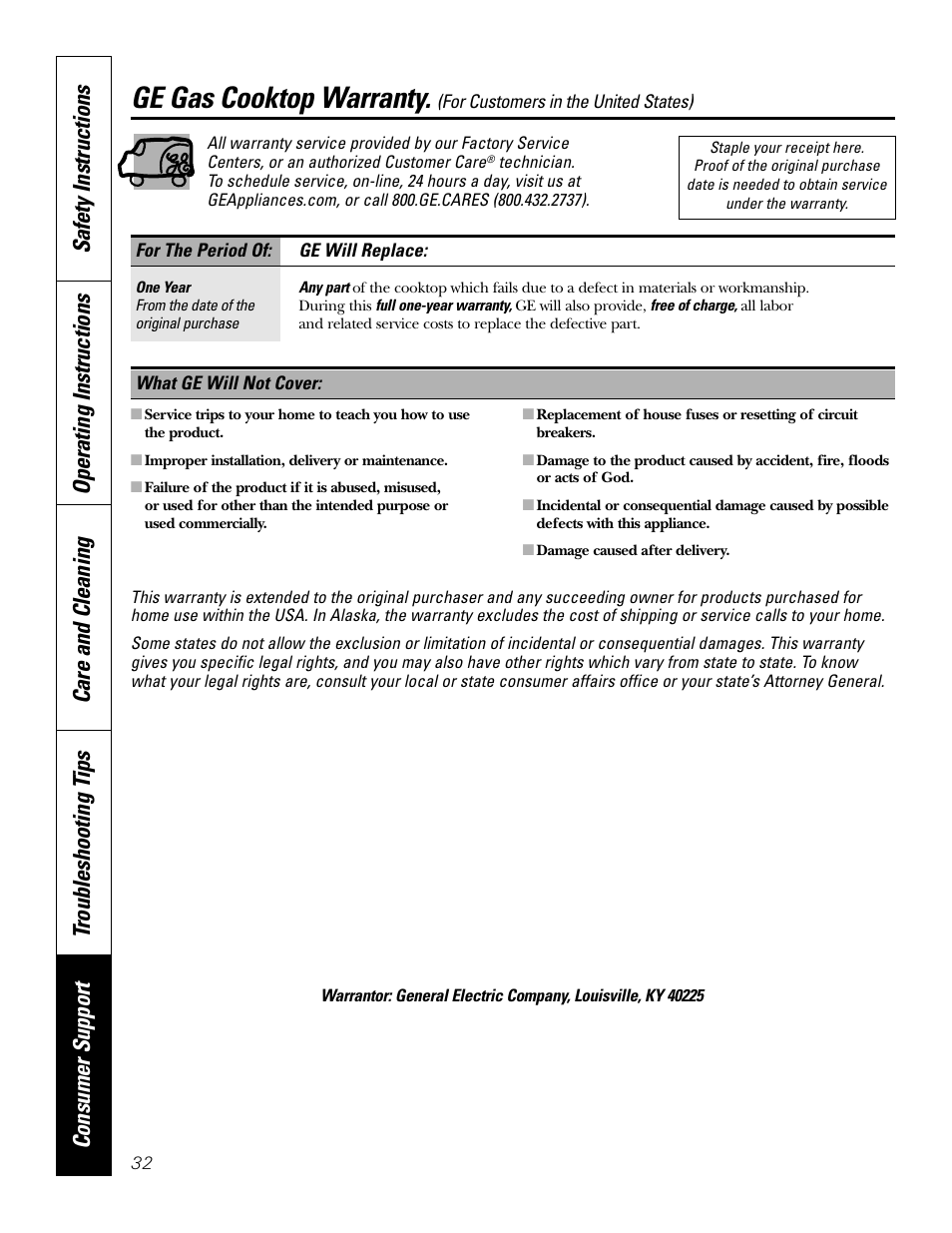 U.s. warranty, Ge gas cooktop warranty | GE JGP337 User Manual | Page 32 / 68