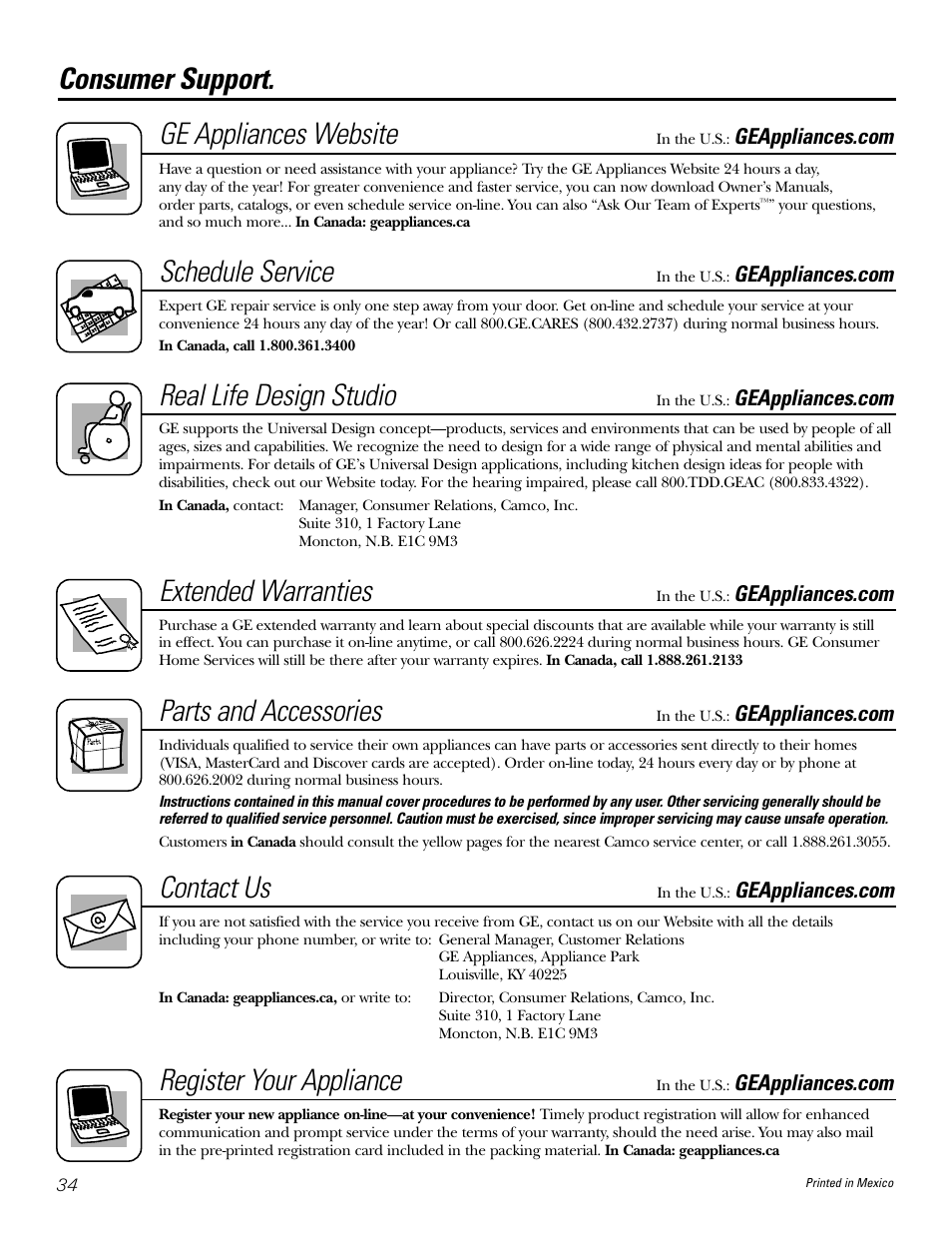 Consumer support, Register your appliance, Consumer support. ge appliances website | Schedule service, Real life design studio, Extended warranties, Parts and accessories, Contact us | GE JGP337 User Manual | Page 34 / 68