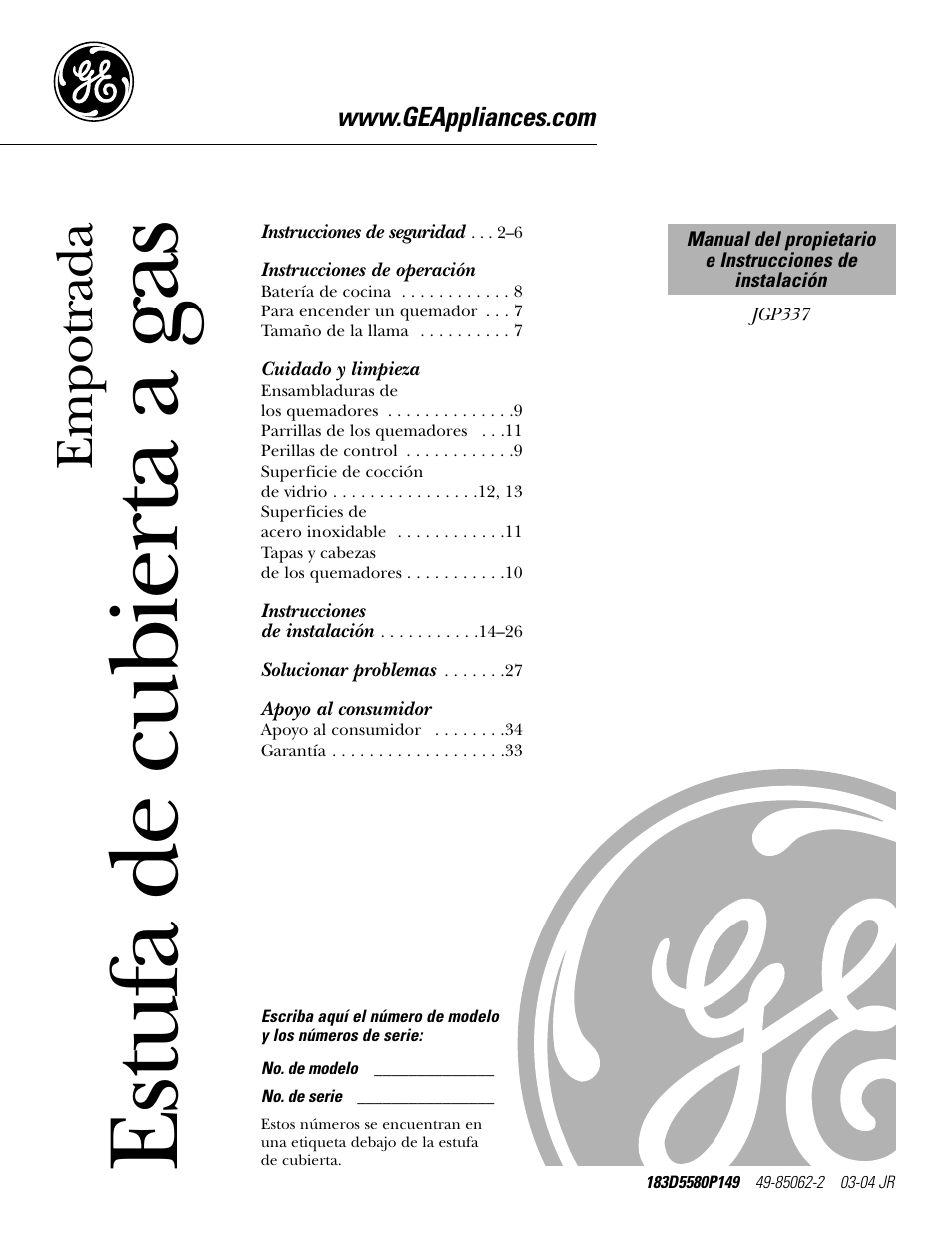 Spanish table of contents, Instrucciones de operación, Cuidado y limpieza | Apoyo al consumidor, Estufa de cubierta a gas, Empotrada | GE JGP337 User Manual | Page 35 / 68