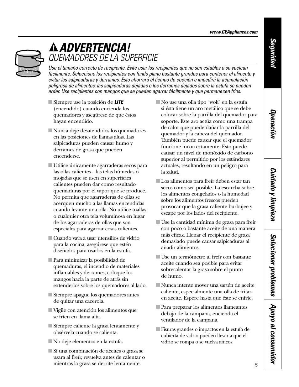 Advertencia, Quemadores de la superficie | GE JGP337 User Manual | Page 39 / 68