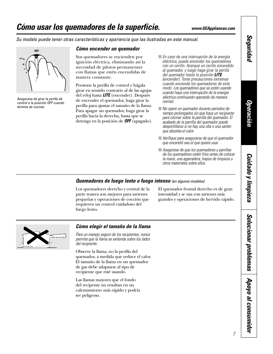 Para encender un quemador, Tamaño de la llama, Para encender un quemador tamaño de la llama | Cómo usar los quemadores de la superficie | GE JGP337 User Manual | Page 41 / 68