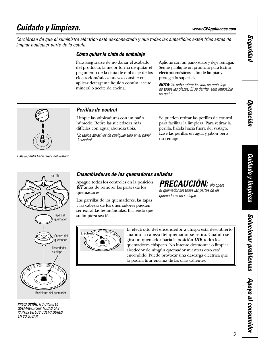 Ensambladuras de los quemadores, Perillas de control, Cuidado y limpieza | Precaución | GE JGP337 User Manual | Page 43 / 68