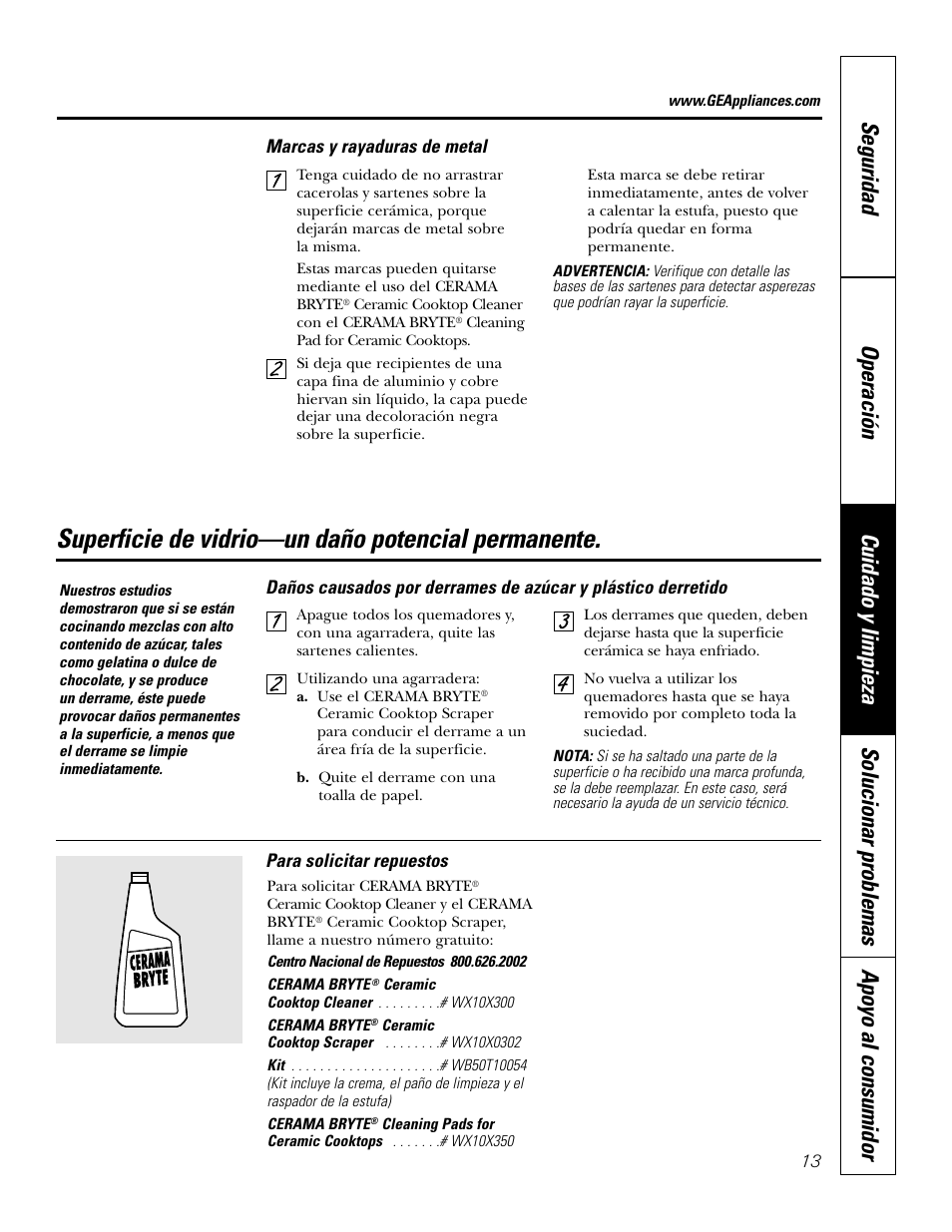 Superficie de vidrio—un daño potencial permanente | GE JGP337 User Manual | Page 47 / 68