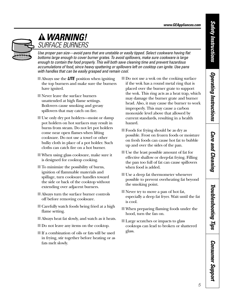 Warning, Surface burners | GE JGP337 User Manual | Page 5 / 68