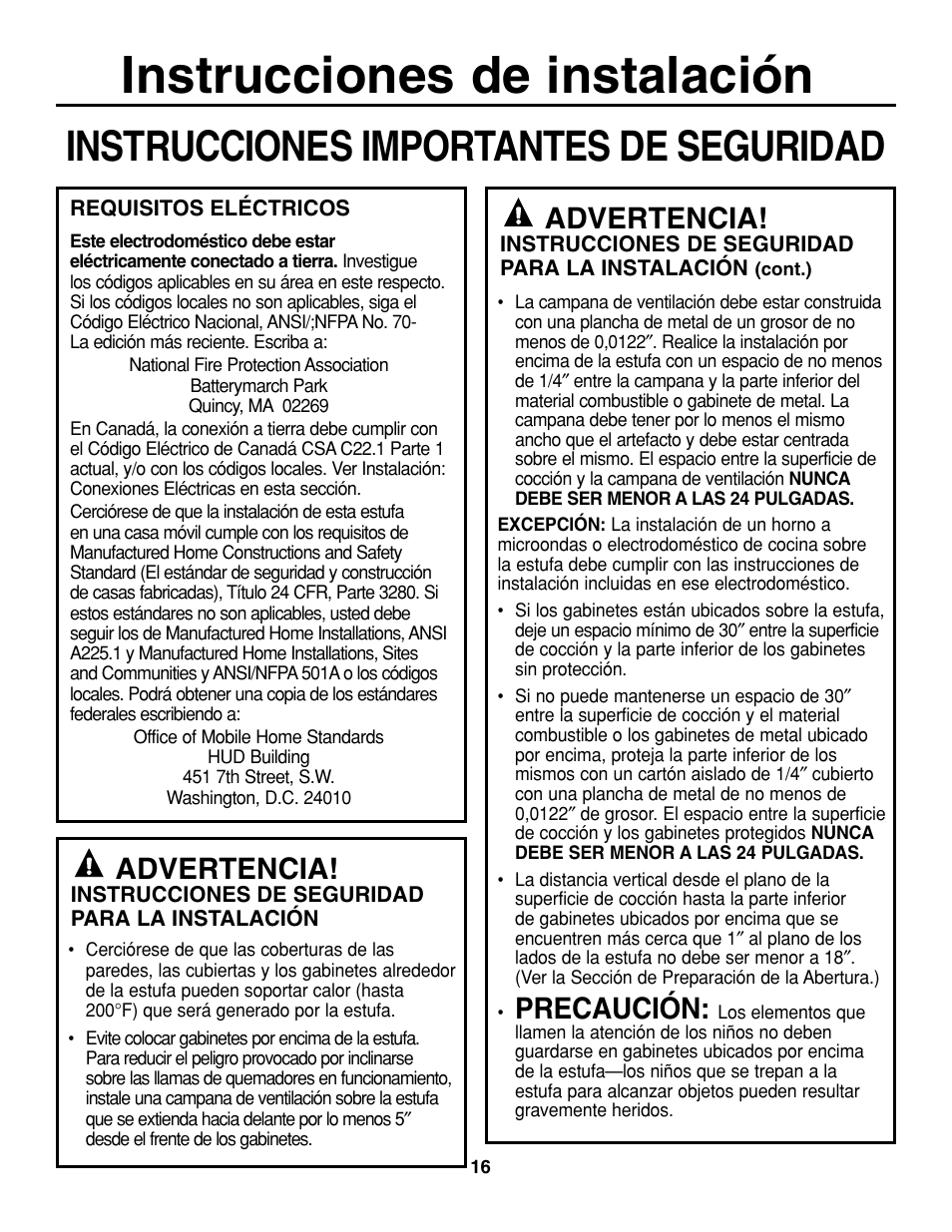 Instrucciones de instalación, Instrucciones importantes de seguridad, Precaución | Advertencia | GE JGP337 User Manual | Page 50 / 68