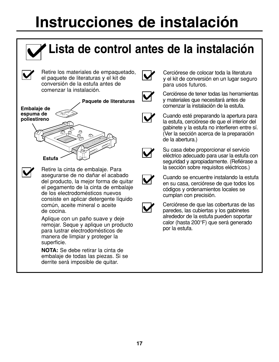 Instrucciones de instalación, Lista de control antes de la instalación | GE JGP337 User Manual | Page 51 / 68