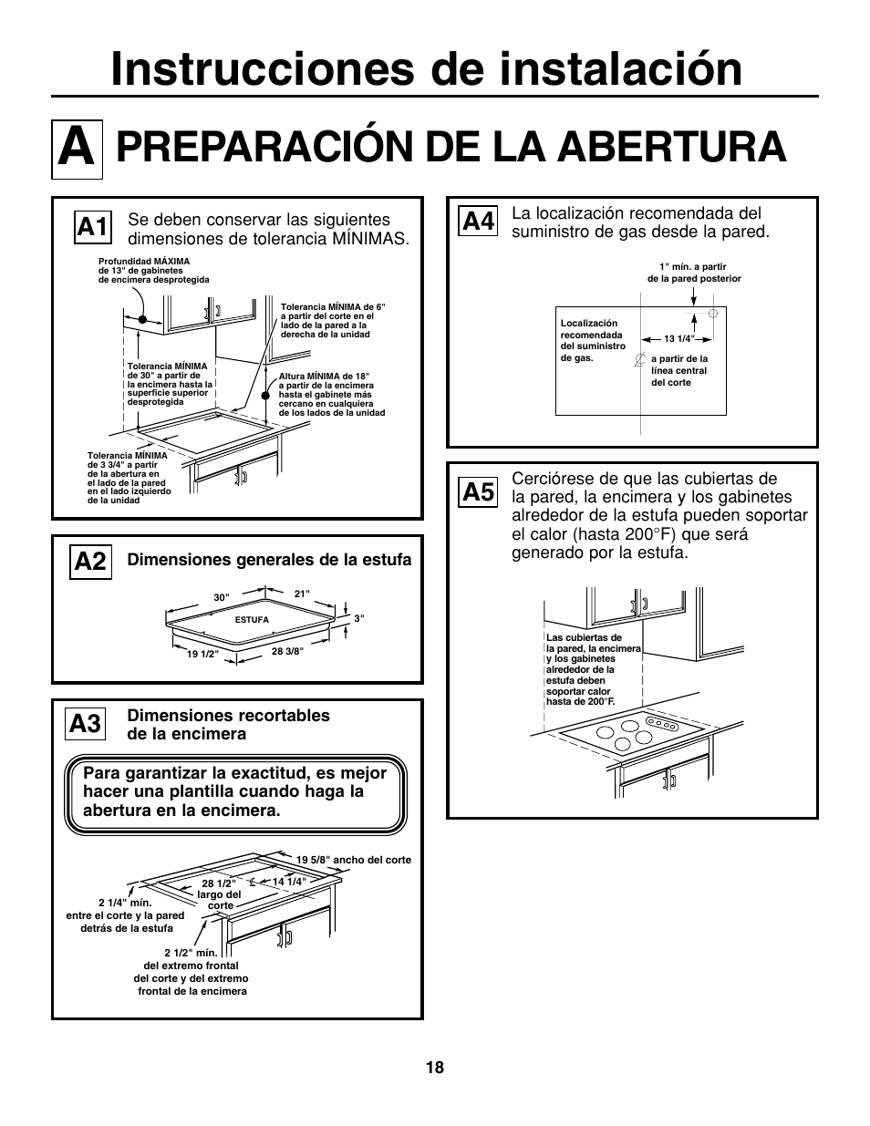 Instrucciones de instalación, Preparación de la abertura, A2 a3 | GE JGP337 User Manual | Page 52 / 68