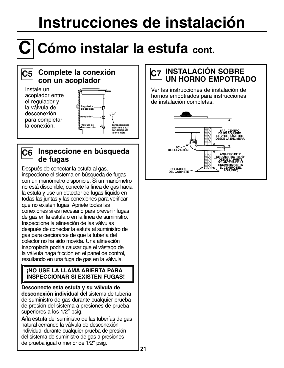 Instrucciones de instalación, Cómo instalar la estufa, Cont | Inspeccione en búsqueda de fugas, Instalación sobre un horno empotrado, Complete la conexión con un acoplador | GE JGP337 User Manual | Page 55 / 68