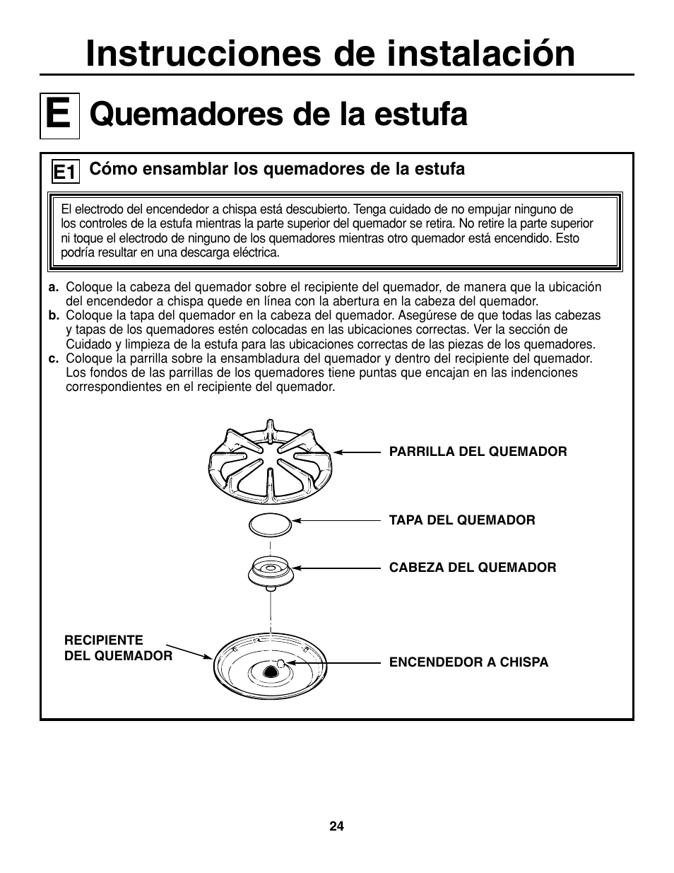 Instrucciones de instalación, Quemadores de la estufa | GE JGP337 User Manual | Page 58 / 68