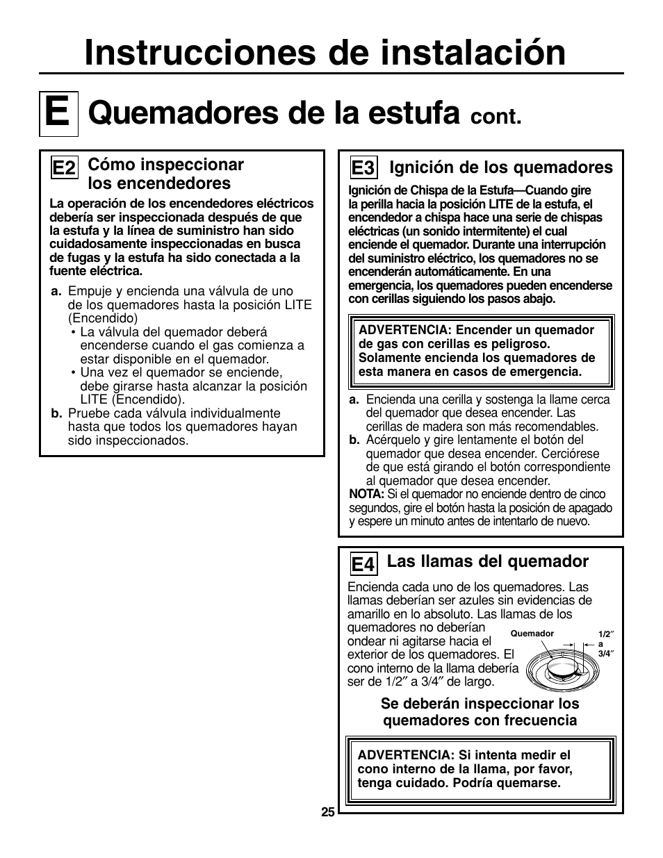 Instrucciones de instalación, Quemadores de la estufa, Cont | GE JGP337 User Manual | Page 59 / 68