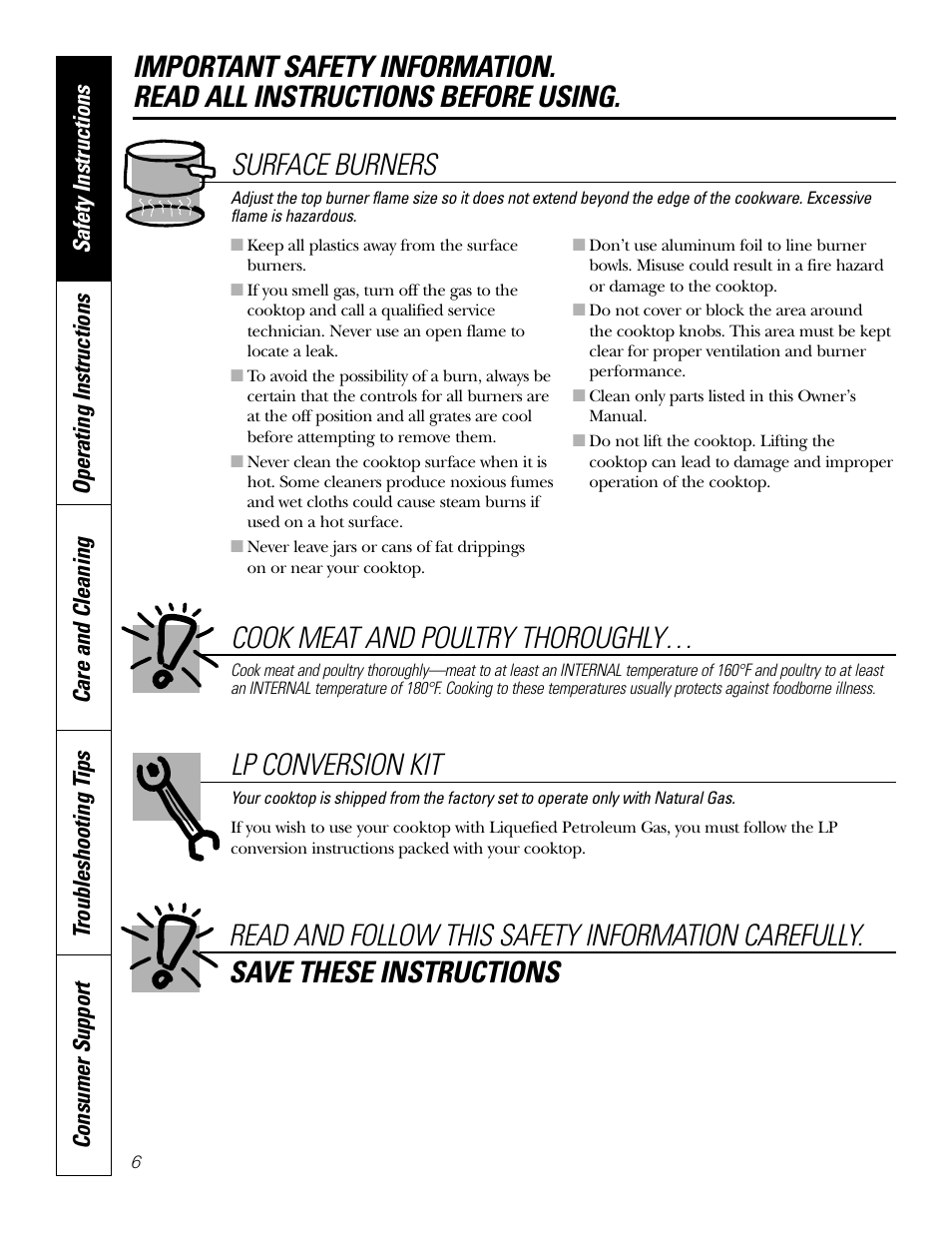 Surface burners | GE JGP337 User Manual | Page 6 / 68