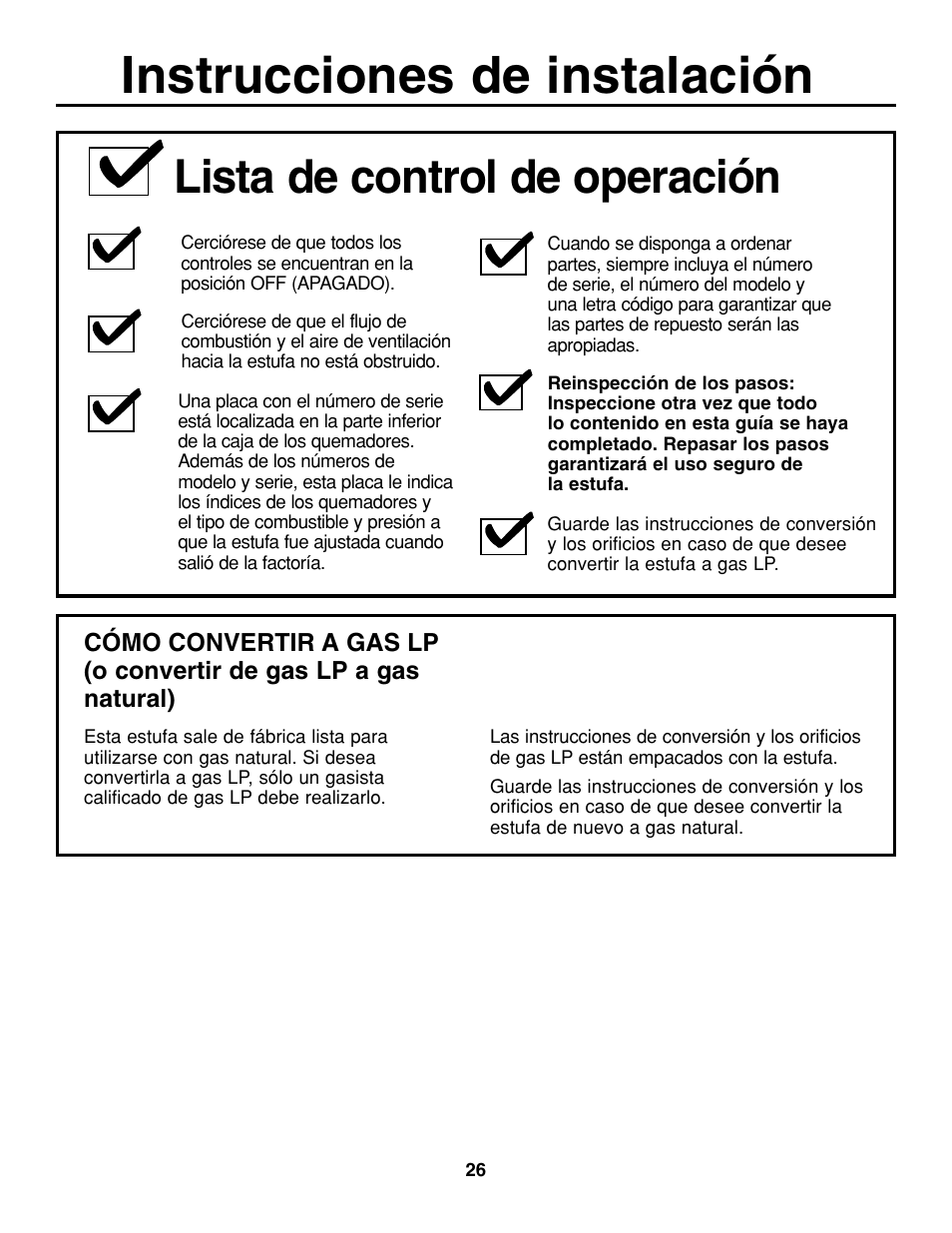 Instrucciones de instalación, Lista de control de operación | GE JGP337 User Manual | Page 60 / 68