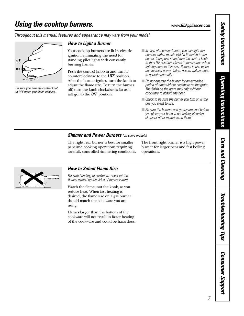 Flame size, To light a burner, Flame size to light a burner | Using the cooktop burners | GE JGP337 User Manual | Page 7 / 68