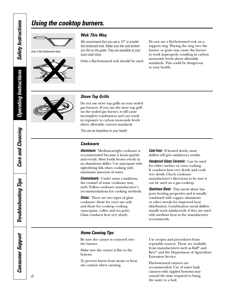 Cookware, Using the cooktop burners | GE JGP337 User Manual | Page 8 / 68