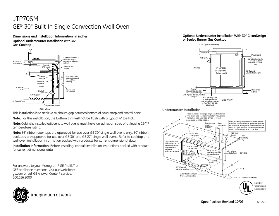 Jtp70sm, 30" built-in single convection wall oven, Ge profile | Or ge, Specification revised 10/07, Undercounter installation | GE JTP70SMSS User Manual | Page 2 / 3